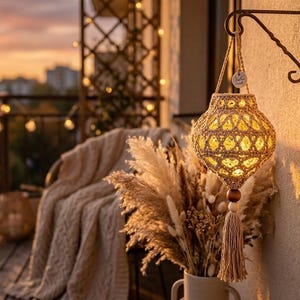 May include: A beige macrame lantern with an intricate knotted pattern, hanging from a black metal wall bracket. The lantern features a central wooden bead and a long, matching tassel at the bottom, emitting a warm, soft glow from within.