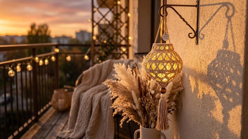 May include: A beige macrame lantern with an intricate knotted pattern, hanging from a black metal wall bracket. The lantern features a central wooden bead and a long, matching tassel at the bottom, emitting a warm, soft glow from within.