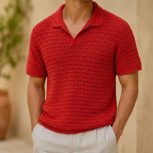 May include: A red short-sleeved polo shirt with a textured, open-weave design. The shirt has a classic collar and a V-neck opening. The model is wearing light-colored pants. The shirt is made of a breathable material.
