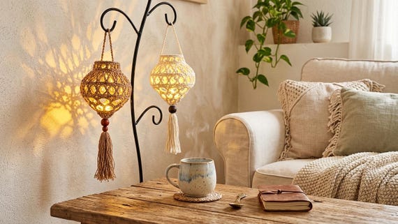 Crochet Lantern Pattern, Boho Hanging Lamp Pattern, Crochet Lampshade PDF, Boho Home Decor, Crochet Lighting Tutorial