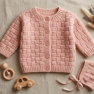Könnte beinhalten: Hellrosa Baby-Strickjacke mit passender Mütze. Die Strickjacke hat ein strukturiertes Webmuster und Knopfverschlüsse. Ein Holzspielzeugauto und ein Beißring aus Holz sind ebenfalls im Bild, zusammen mit einem kleinen Strauß Trockenblumen.