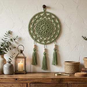 May include: A decorative display featuring a green crochet dreamcatcher with tassels, a lit candle in a lantern, vases with greenery, and woven baskets. The items are arranged on a wooden table, creating a cozy, bohemian aesthetic.
