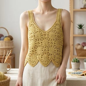 Sunflower Crochet Top Pattern PDF, Granny Square Camisole, Patchwork Tank Top, Boho Summer Crochet Top, Floral Motif Cami