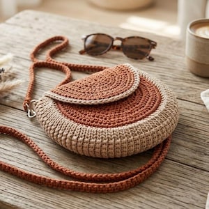 May include: A handmade, round crochet bag in shades of brown and tan with a long strap. The bag is on a wooden table, next to sunglasses, a coffee mug, and dried flowers. The bag's design features a flap closure.