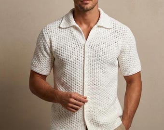 Men's Crochet Polo Shirt Pattern, V-Stitch Design, Summer Top (PDF)