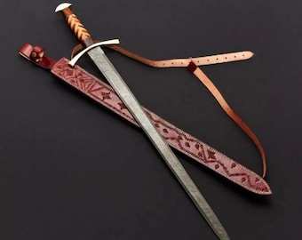Espada Viking Medieval | Réplica personalizada em aço Damasco com bainha de couro
