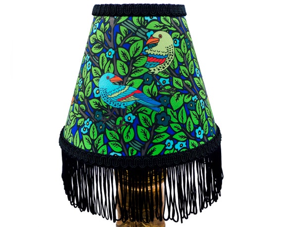 William Morris Style Bird Print Unique Lamp Shade With Fringe Uk Bird Print Unique Lamp Shade, Fringe Lampshade Uk
