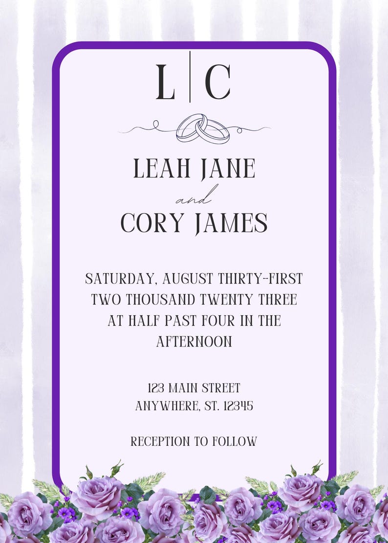 Elegant Purple Monogram Wedding Invitation Suite | Floral Border ...