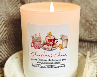 Personalised Christmas Drinks Candle, Christmas Cheer, Hot Chocolate Scented Candle, Funky Christmas Candle, Hot Drinks Xmas Candle, White