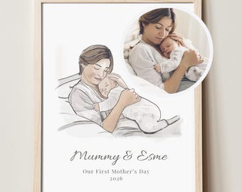 Personalised Mum and Baby Portrait from Photo, First Mother’s Day Gift, Custom Mother and Child Illustration, New Mum Keepsake Print