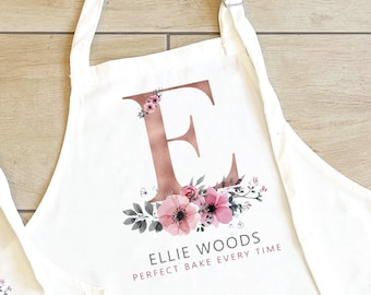 Personalised Initial Apron, Rose Gold Baking Gift, Watercolour Flowers Apron Cooking Gift, Initial Gift for Her, Custom Made, Your Words