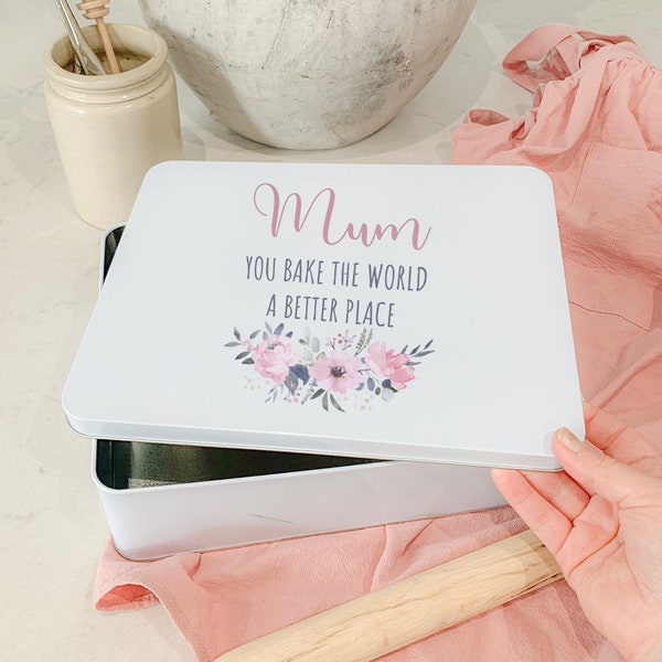 Personalised Baking Tin, Bake The World A Better Place, Mum Baking Gift, Personalised Mother’s Day Gift, Cake Tin, Baking Gift, Mum Nan Gift