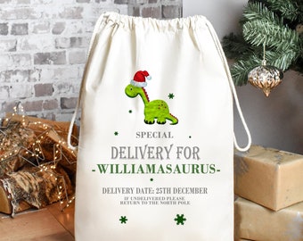 Personalised Dinosaur Christmas Sack, Christmas Sack, Dinosaur Child's Kids Christmas Gift Sack, Cotton Santa Bag, Santa Toy Sack, Dino