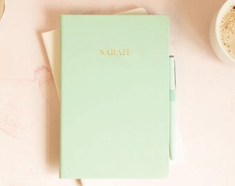 Personalised Mint Notebook | Vegan Leather Journal | Custom Name Gift for Her | A5 A6 A4 Minimal Notebook