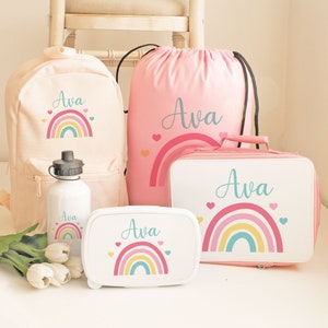 Personalised Rainbow Backpack, Rainbow  School Bundle, Kids Back to School Set, Girls School Lunch Bag, Lunch Box, Rainbow Lunch Set, Pink