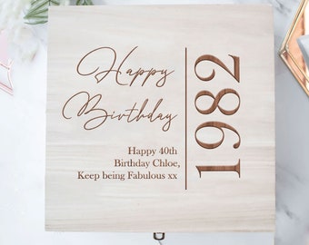 Scatola di compleanno in legno incisa personalizzata, scatola regalo di compleanno, scatola dell'anno di nascita incisa, scatola dei ricordi in legno, scatola regalo incisa, scatola di compleanno
