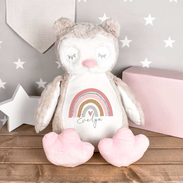 Personalised Owl Teddy, Personalised Plush Toy, Baby Girl Gift, Custom Soft Toy, Pink Rainbow Teddy, Teddy Nursery Decor, New Arrival Gift