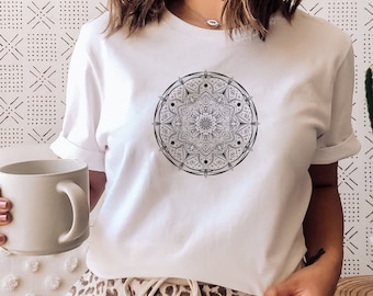 Mandala Flower T-shirt, Mandala Shirt, Womens Boho Tee, Bohemian Casual T Shirt Women, Mandala Gift for Her, Lounge Wear Tshirt, Hippie Top
