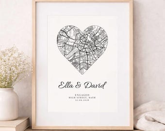 Personalised Engagement Map Print | Heart Map Print | Custom Couple Location Print | Engagement Gift | Wedding Gift | Anniversary Wall Art
