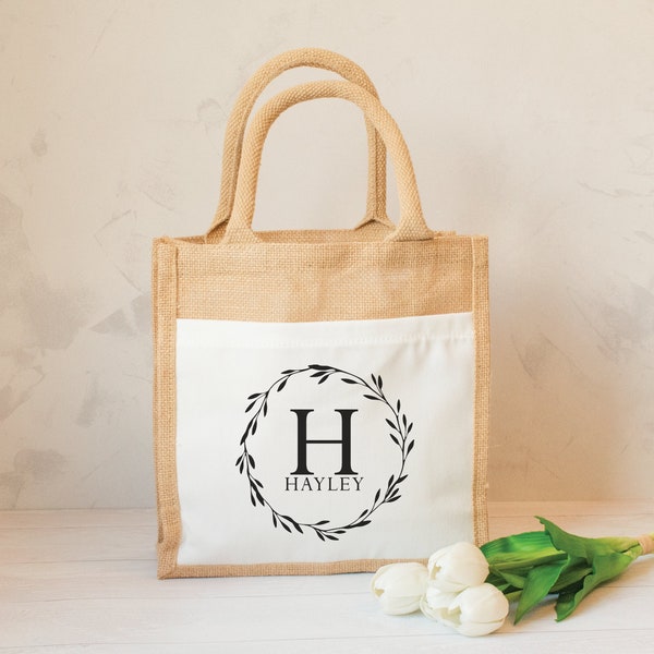 Personalised Jute Lunch Bag, Personalised Letter Wreath Lunch Bag, Personalised Lunch Bag, Name Lunch Bag, Eco Friendly Lunch Bag, Lunch Bag