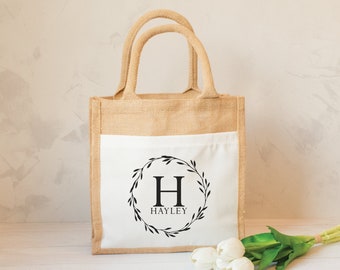 Personalised Jute Lunch Bag, Personalised Letter Wreath Lunch Bag, Personalised Lunch Bag, Name Lunch Bag, Eco Friendly Lunch Bag, Lunch Bag