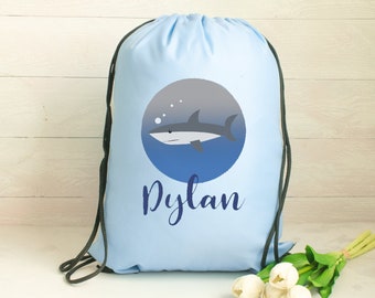 Personalised Shark Gym Bag Kids, Shark Gym Bag, Boys Drawstring Bag, School Bag, Shark School PE Bag, Shark Pump Bag, Nursery Bag, Blue