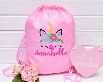 Personalised Dinosaur Girls Flowers Kids Drawstring PE Bag Swimming School Bag