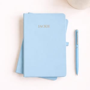 Personalised Blue Notebook | Minimal Name Journal | Soft Blue Vegan Leather Notebook | A5 A6 A4 Custom Gift for Her