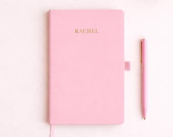 Personalised Journal, Initial Notebook, Coral Notebook, A5 Notebook Custom Name, Faux Leather Notebook, Notebook Pen Set, Pink, Notebook