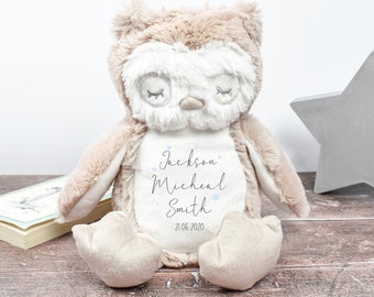 Birthday Announcement Owl Keepsake Newborn baby gift Baby shower gift. Owl Plush Personalised Owl Christening Present