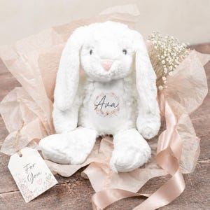 Puede incluir: Un conejo de peluche blanco con orejas largas, una nariz rosa y el nombre "Ava" en una corona floral. El conejo est&aacute; envuelto en papel de seda rosa con una etiqueta de regalo que dice "For You". Una ramita de flores blancas y una cinta rosa completan la presentaci&oacute;n.