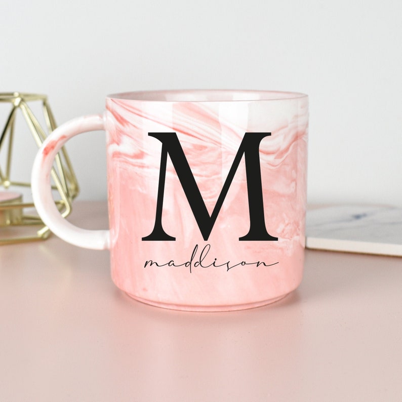 Personalised Marble Mug, Bridesmaid Mug, Custom Initial Mug, Personalised Office Mug, Name Mug, Coffee Mug, Gift for Her, Marble Homeware Pink