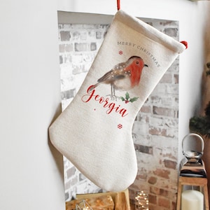 Personalised Robin Christmas Stocking, Name Christmas Stocking, Personalised Holiday Stocking, Christmas Family Decoration Custom Stocking