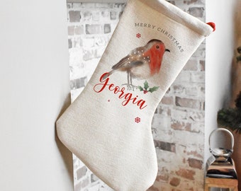 Personalised Robin Christmas Stocking, Name Christmas Stocking, Personalised Holiday Stocking, Christmas Family Decoration Custom Stocking