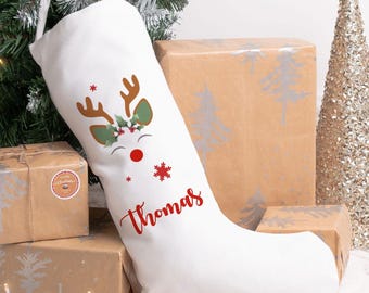 Personalised Christmas Stocking, Reindeer Christmas Stocking, Personalised Linen Stockings, Christmas Family Decoration, Holiday Stocking
