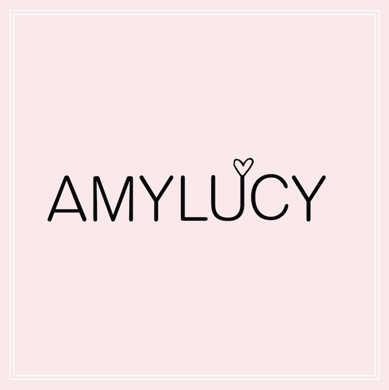 May include: Black and white logo with the text "AMYLUCY" and a small heart above the "Y".