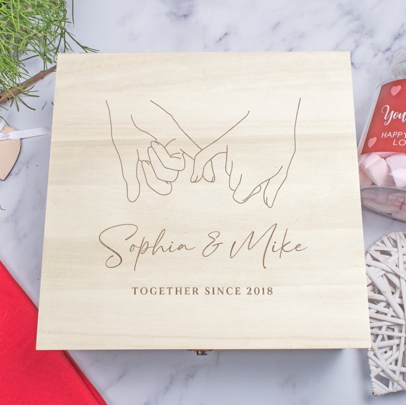 Engraved Pinky Couples Box, Personalised Wooden Wedding Memory Box, Custom Wedding Day Gift, Couple Anniversary Gift, Newlywed Gift, image 2