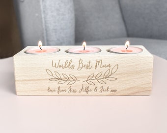 Personalised Mother's Day Tealight Holder with Candles, Engraved Candleholder, Mother's Day Candle, Personalised Gift for Mum, Wooden Candle