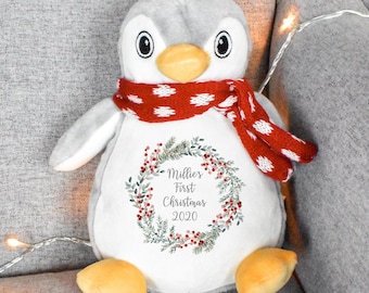 Personalised First Christmas Teddy, Baby 1st Christmas Gift, Reindeer Teddy, Penguin Soft Toy, Custom Cuddly Toy, Baby Stocking Fillers