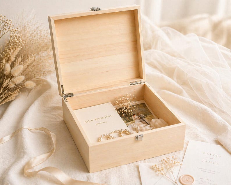 May include: An open, light-colored wooden box with a hinged lid. Inside, a wedding photo, a booklet that says "Our Wedding", and a strand of pearls are visible. The box is on a white surface.