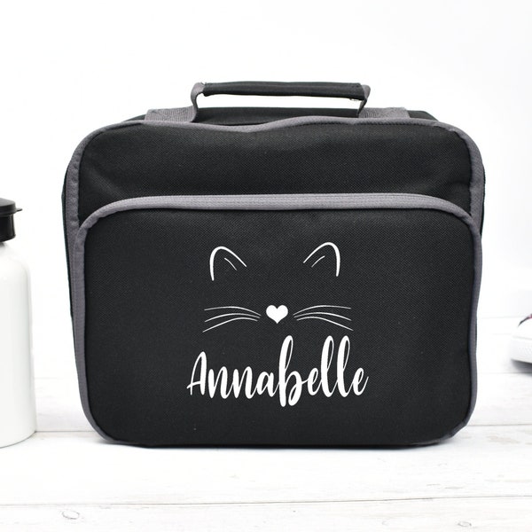 Personalised Cat Lunch Bag, Child's Lunch Bag, Personalised Lunch Bag, Back To School, Girls Lunch Bag, Black, School Food Bag, Cool Bag.