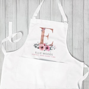 Personalised Initial Apron, Rose Gold Baking Gift, Watercolour Flowers Apron Cooking Gift, Initial Gift for Her, Custom Made, Your Words