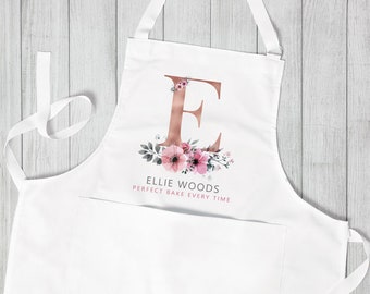 Personalised Initial Apron, Rose Gold Baking Gift, Watercolour Flowers Apron Cooking Gift, Initial Gift for Her, Custom Made, Your Words