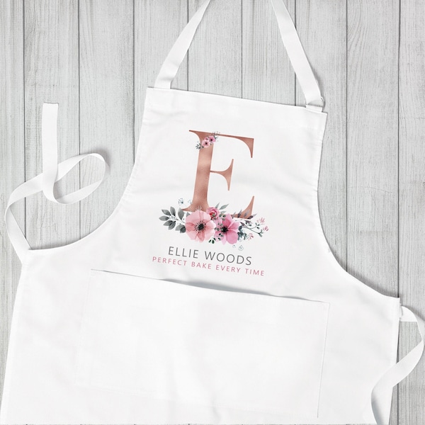 Personalised Initial Apron, Rose Gold Baking Gift, Watercolour Flowers Apron Cooking Gift, Initial Gift for Her, Custom Made, Your Words