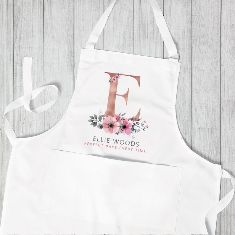 Personalised Initial Apron, Rose Gold Baking Gift, Watercolour Flowers Apron Cooking Gift, Initial Gift for Her, Custom Made, Your Words image 1