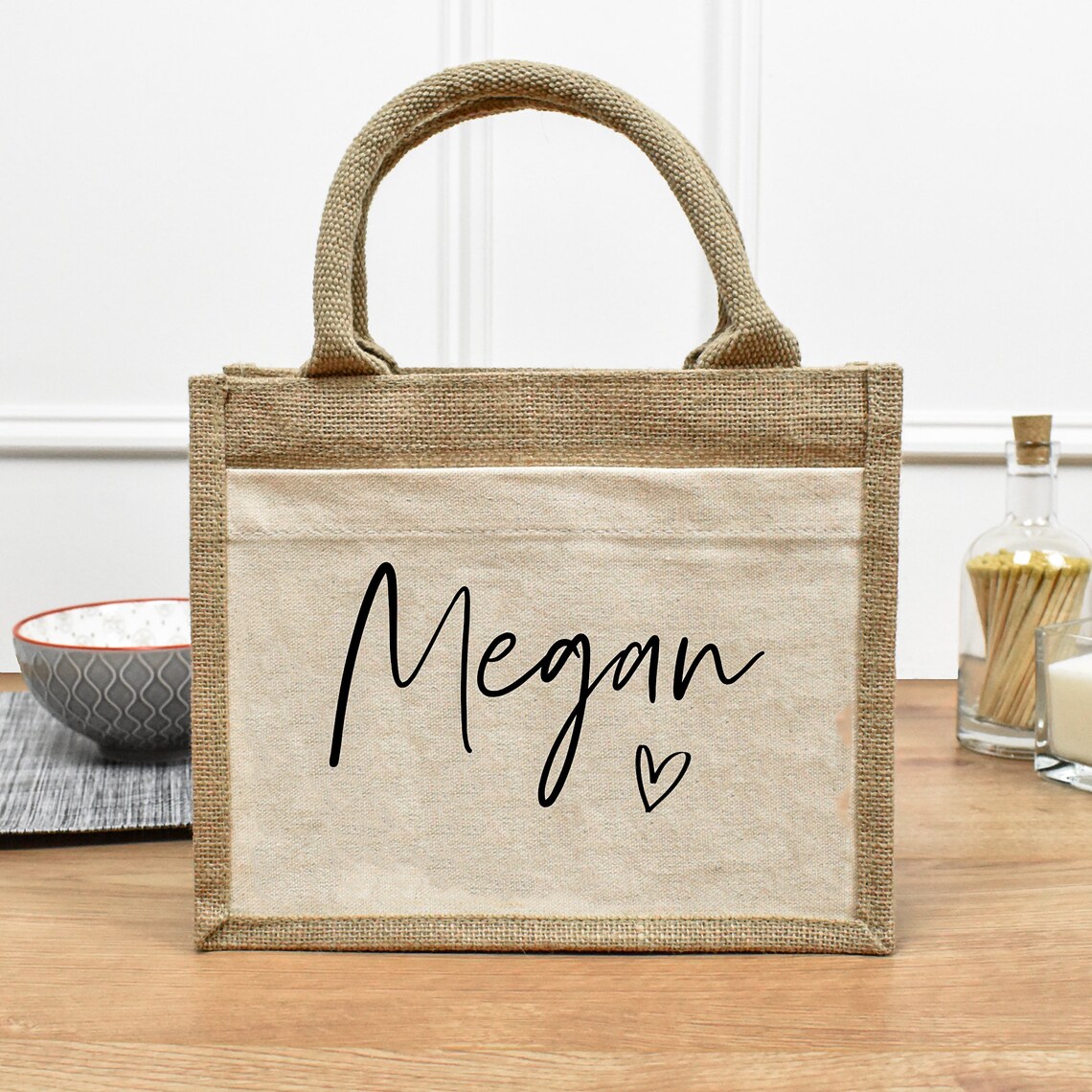 Personalised Jute Lunch Bag Name Heart Lunch Bag Etsy