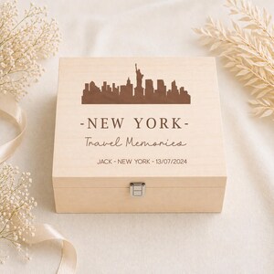 Coffret de voyage personnalisé gravé sur le thème de New York, coffret souvenir de voyage en bois, coffret cadeau aventure, coffret souvenirs de vacances à New York, pour les passionnés de voyage