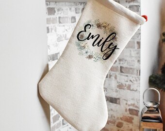 Personalised Wreath Christmas Stocking, Holiday Stocking, Linen Stockings, Christmas Family Decoration, Adult Christmas Stocking