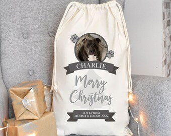 Personalised Pet Santa Sack, Dog Santa Sack, Cat Christmas Sack, Animal Christmas Eve Present Sack, Personalised Sack Bag, Your Pet Photo