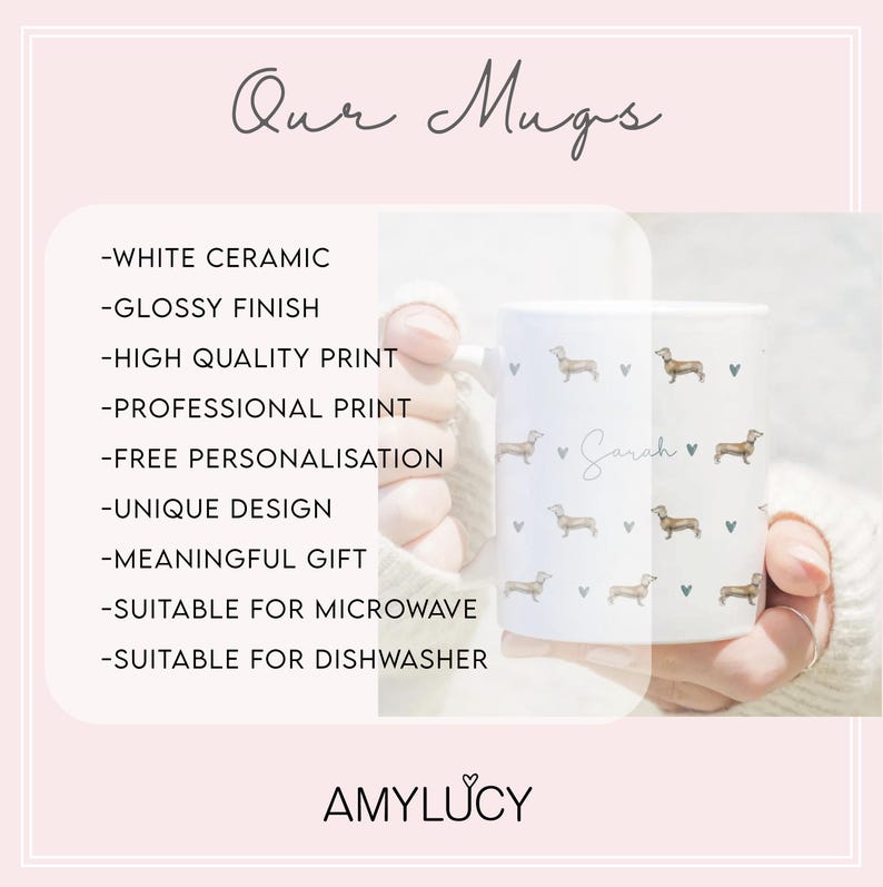 May include: White ceramic mug with a glossy finish. The mug features a repeating pattern of dachshund dogs and hearts. The text "Sarah" is printed on the mug.